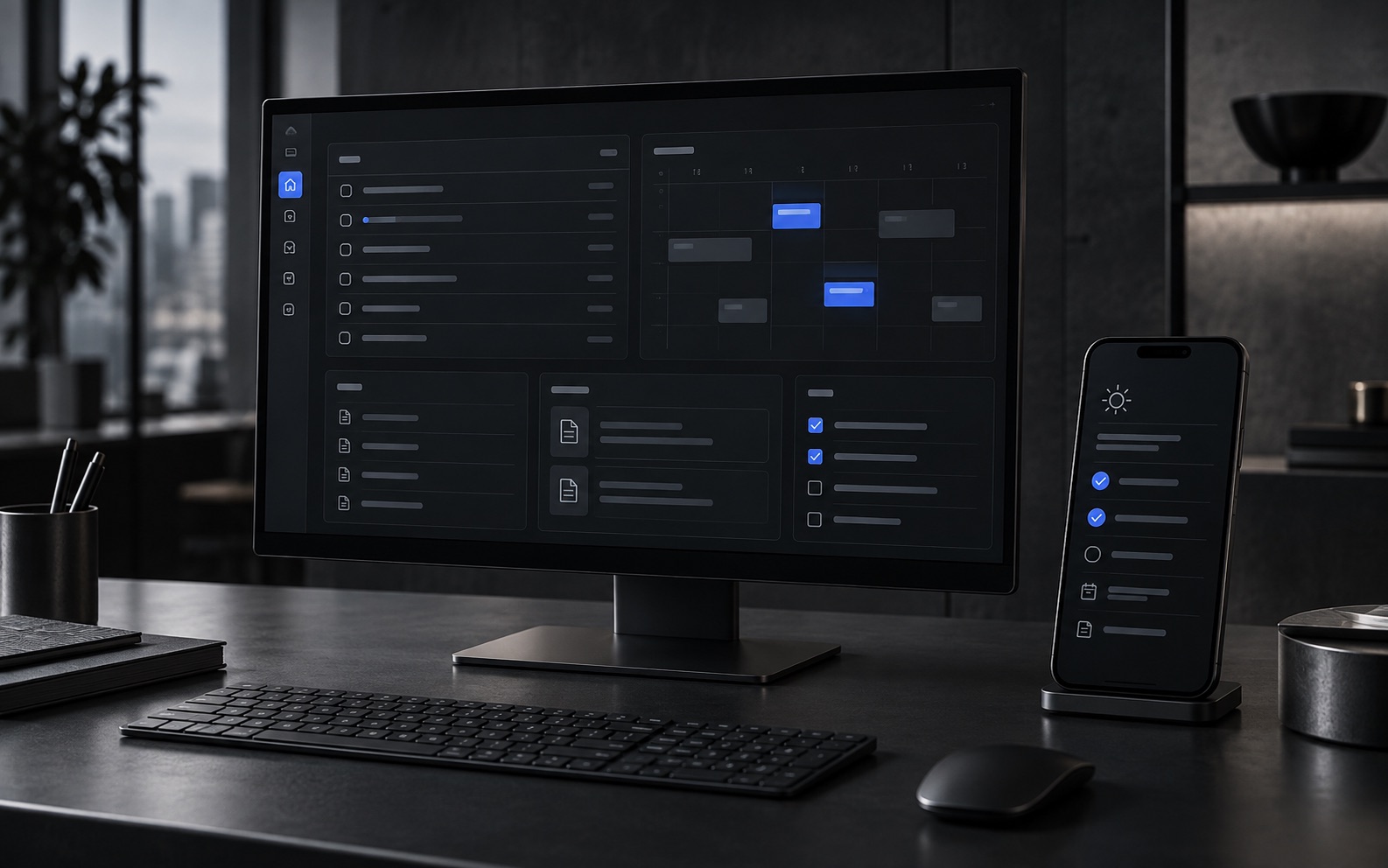 Monitor und Smartphone mit dunkler Oberfläche, Terminplan, Dokumentenlisten und Aufgaben mit Häkchen