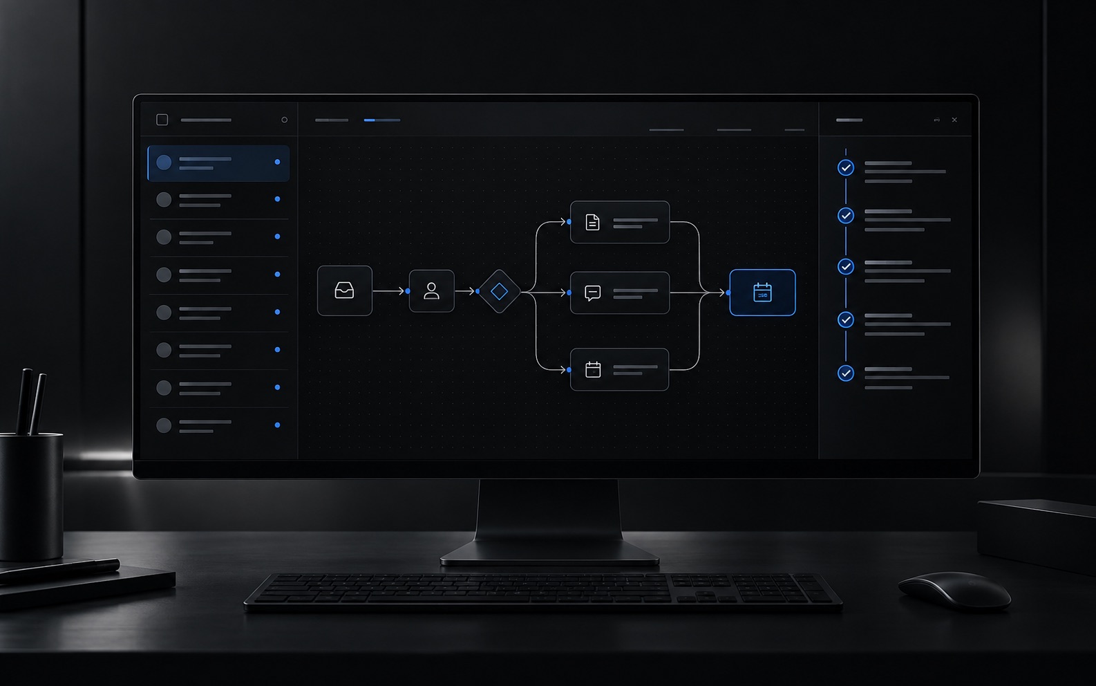 Monitor mit dunkler Oberfläche, die einen Ablauf von der Anfrage über eine Verzweigung bis zum Termin als Diagramm zeigt